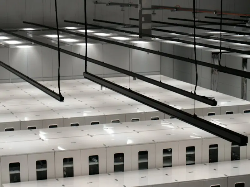 Rows of white storage cabinets in a data centre