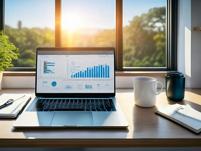 A laptop on a desk by the window showing a dashboard of charts