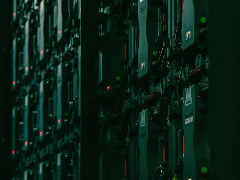Server cabinets running in a dark machine room